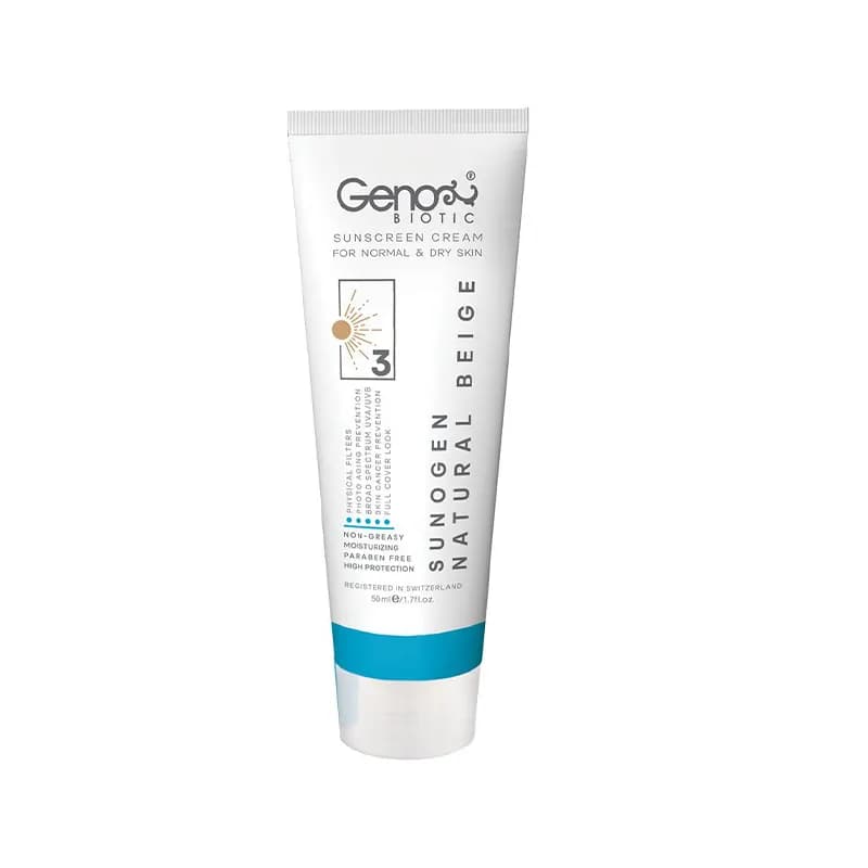 کرم ضدآفتاب ژنوبایوتیک 3 مناسب پوست های خشک ومعمولی فاقد پارابن بژطبیعی SPF50
