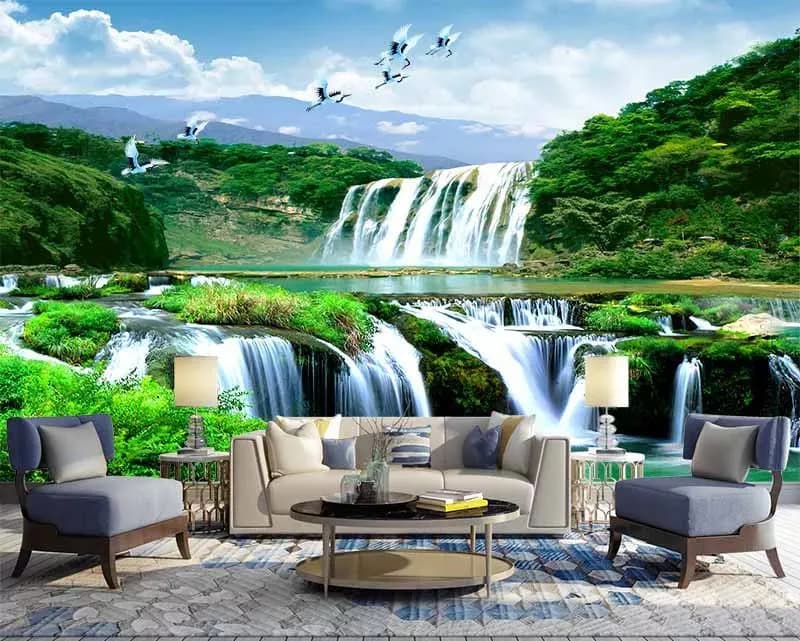 پوستر سه بعدی منظره آبشار و پرندگان