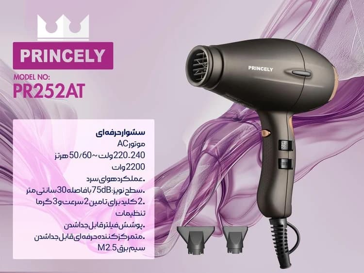 سشوار 2200 وات پرنسلی با موتور AC مدل PR262AT — تصویر ۲