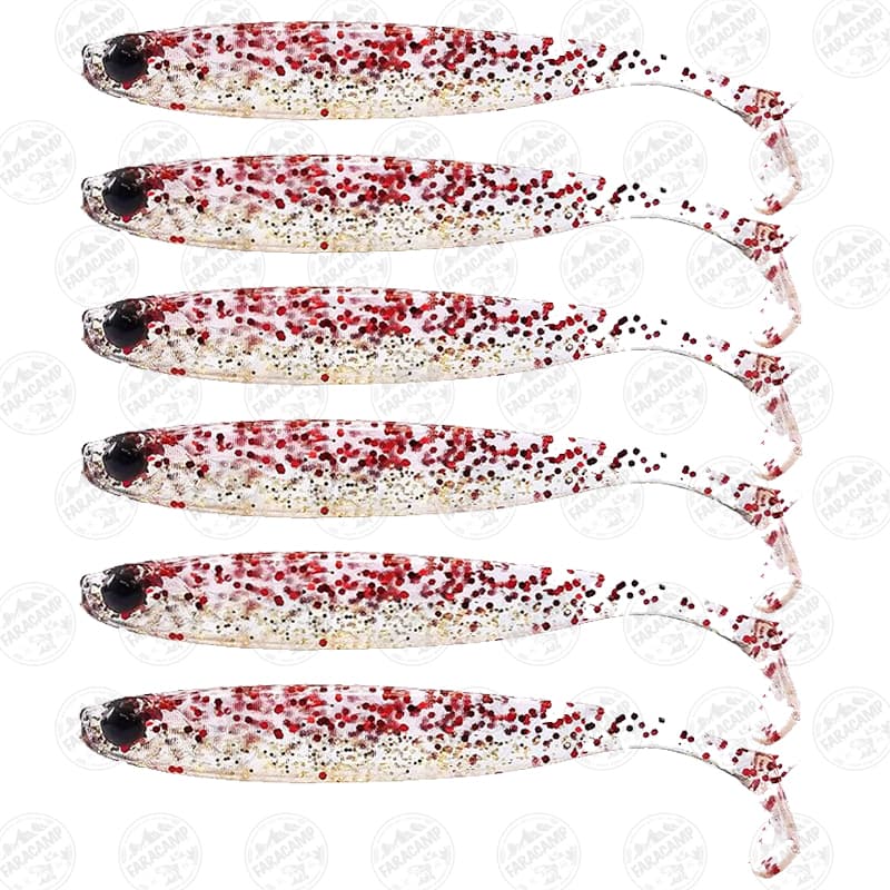 طعمه ماهی ژله ای موستاد شفاف اکلیل قرمز و طلایی ۹ سانتی Mustad Mezashi Z-TAIL MINNOW RED&GOLD GLITTER — تصویر ۲