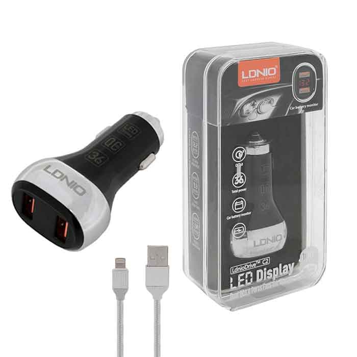 شارژر فندکی فست همراه با کابل لایتنینگ الدینیو مدل LDNIO C2 CAR CHARGER 36W