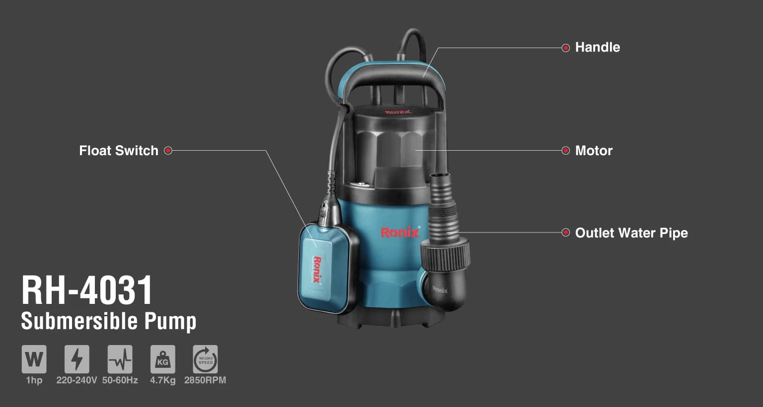 پمپ کفکش 1 اسب بخار رونیکس مدل RH-4031 ا Ronix RH-4031 Submersible pump — تصویر ۸