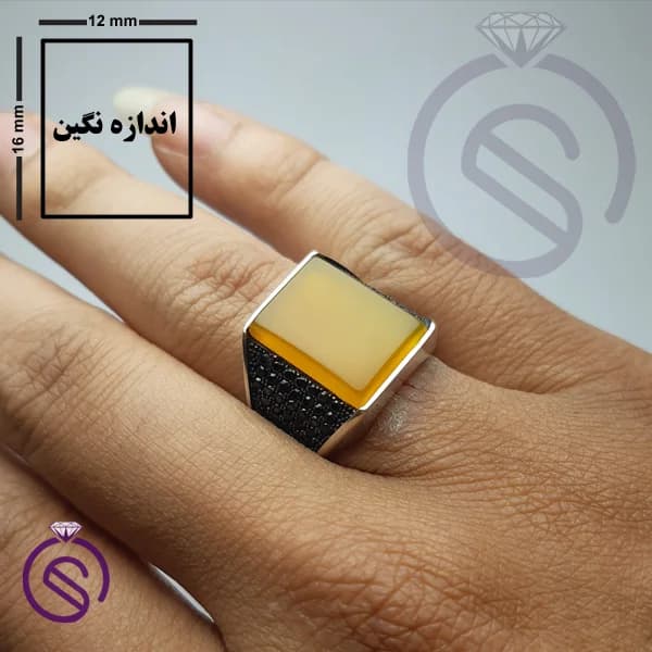 انگشتر نقره عقیق زرد شرف الشمس مردانه مدل سلطنتی مستطیل کد 62356 — تصویر ۲