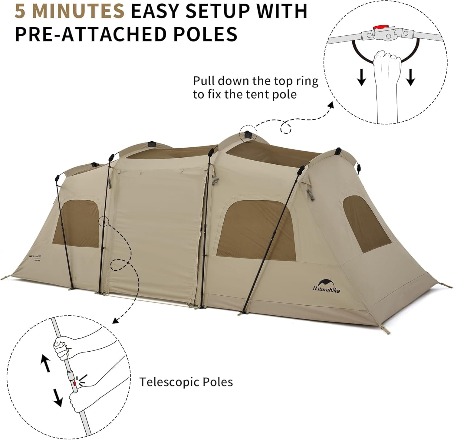 چادر کمپینگ نیچرهایک 4 الی 8 نفره Naturehike Cloud vessel fast tunnel tent – CNH22ZP015 — تصویر ۵