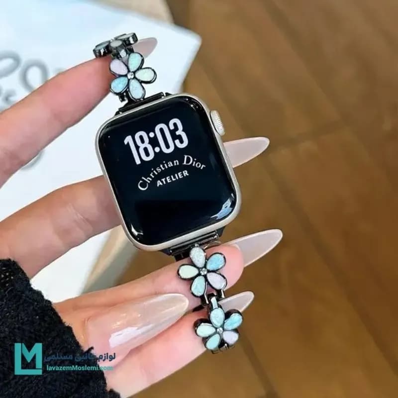 بند اپل واچ دیاموند گل بابونه۴ مشکی کد W1086 | لوازم جانبی مسلمی — تصویر ۵