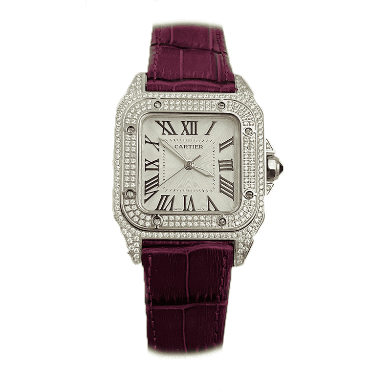 ساعت مچی زنانه کارتیر قرمز صفحه سفید فول نگین Cartier Santos Diamonds Red White Screen
