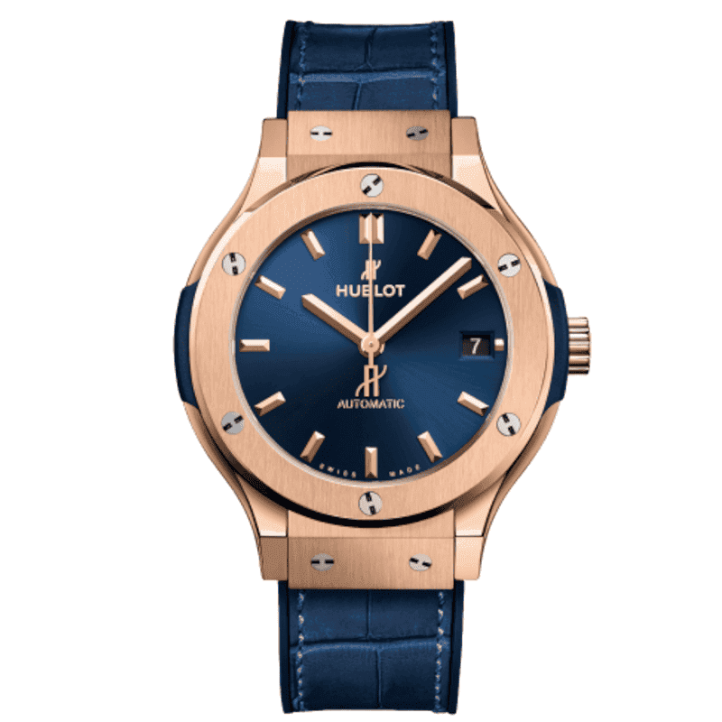 ساعت مچی مردانه هابلوت کلاسیک فیوژن رزگلد صفحه آبی Hublot Classic Fusion 3 Hands Rose Gold Blue Screen