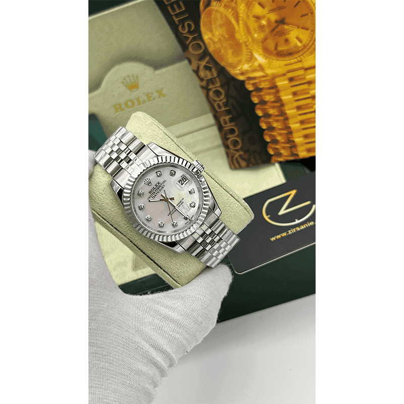 ساعت مچی رولکس دیت جاست سیلور صفحه صدف اندکس نگین (تک و ست) Rolex Datejust Silver Pearl Screen Diamond Index — تصویر ۶
