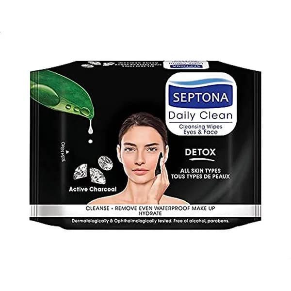 دستمال مرطوب دتوکس روزانه زغال فعال سپتونا Septona Detox daily clean active charcoal حجم 20 عددی