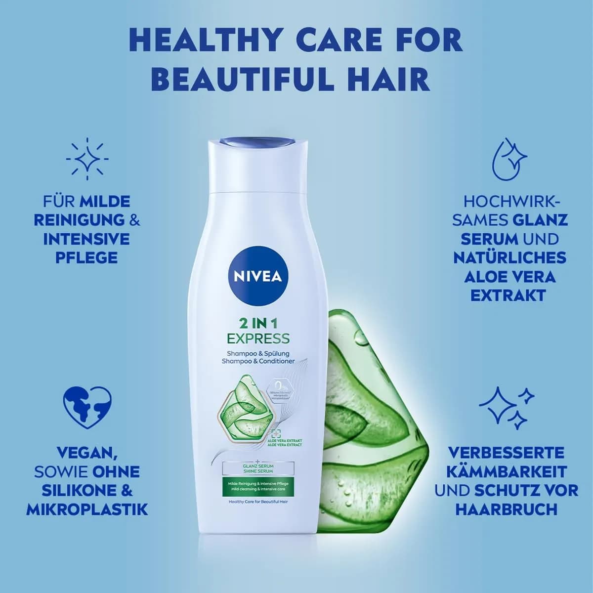 شامپو و نرم‌کننده دوکاره نیوآ با عصاره آلوئه‌ورا و سرم درخشان‌کننده NIVEA 2in1 Shampoo Aloe Vera and Shine Serum حجم 250 میل — تصویر ۲