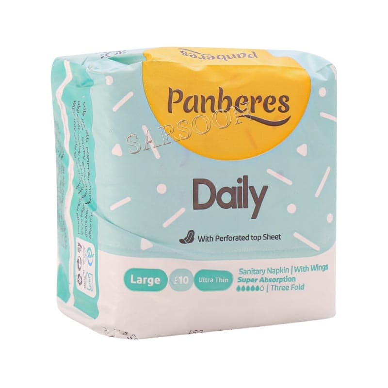 نوار بهداشتی سبز بالدار مشبک پنبه ریز سایز بزرگ ۱۰ عدد Panberes Sanitary Napkin Lattice Siza Large