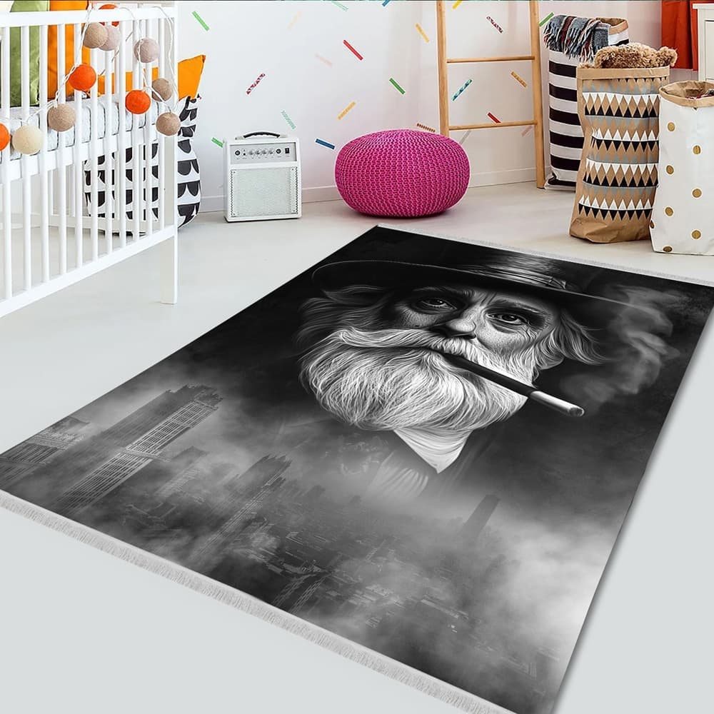 فرشینه پیرمرد سیگاری با تم رنگی سیاهوسفید مناسب دکوراسیون کافی شاپ – DA‑4010 — تصویر ۵
