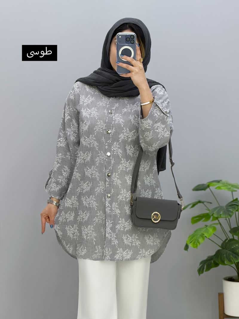شومیزمانتویی جلودکمه لینن نورای کد 957303 — تصویر ۳