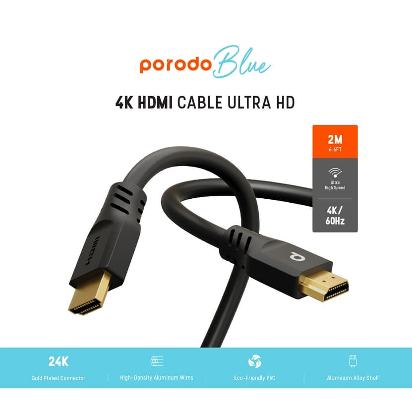 کابل 4K HDMI پرودو بلو مدل PB-HD4K2M-BK | رابط اچ دی 4کا 2متری ا 4k porodo blue hdmi cable — تصویر ۲