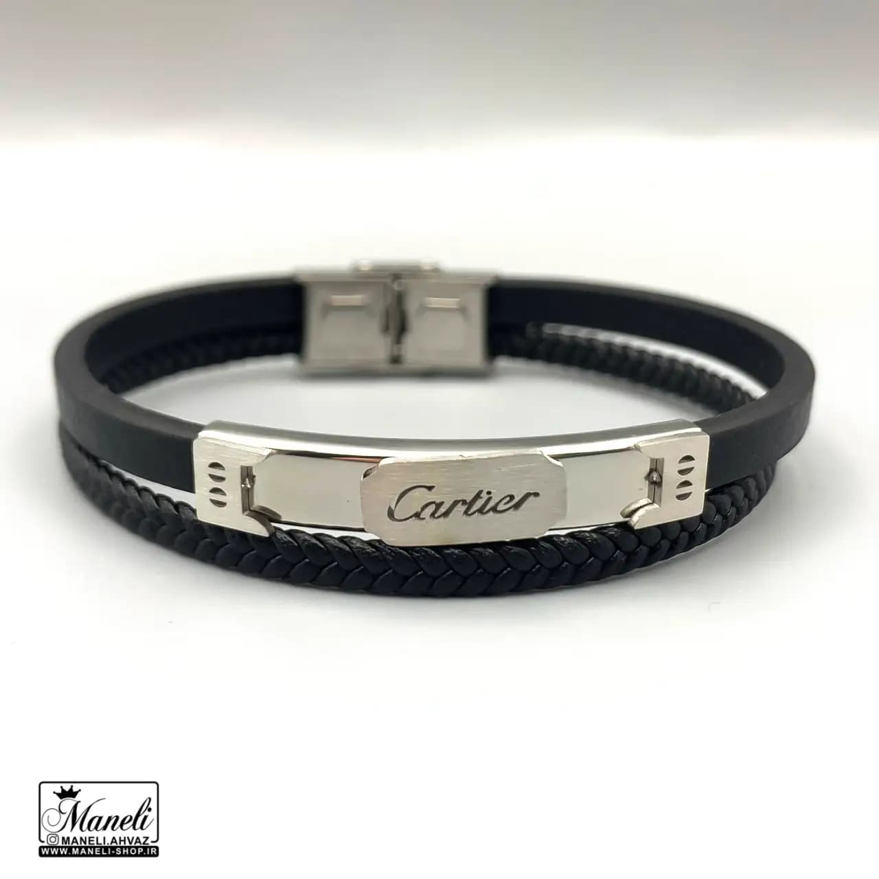 دستبند چرم مردانه با پلاک استیل نقره ای حک Cartier کارتیر 14040182 — تصویر ۲