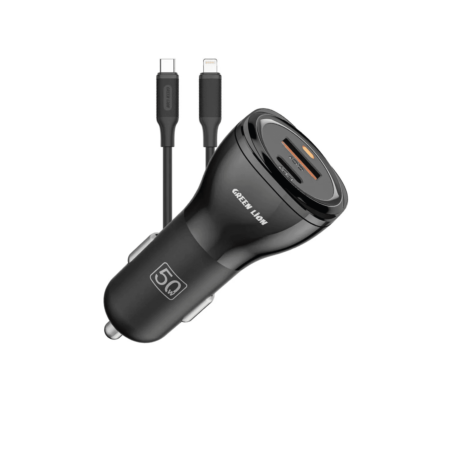 شارژر فندکی دو پورت گرین لاین مدل Dual Port Car Charger 50W با کابل تایپ‌سی به لایتنینگ