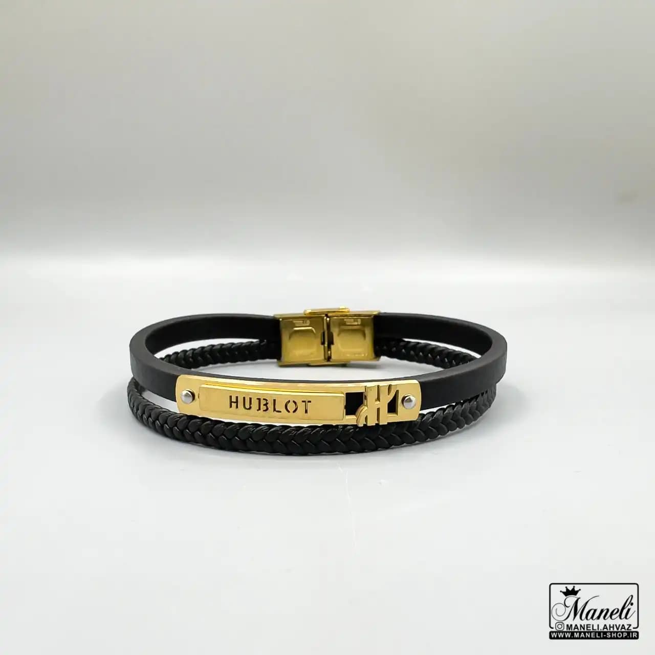 دستبند چرم مردانه با پلاک طلایی hublot هابلوت 14031199 — تصویر ۲