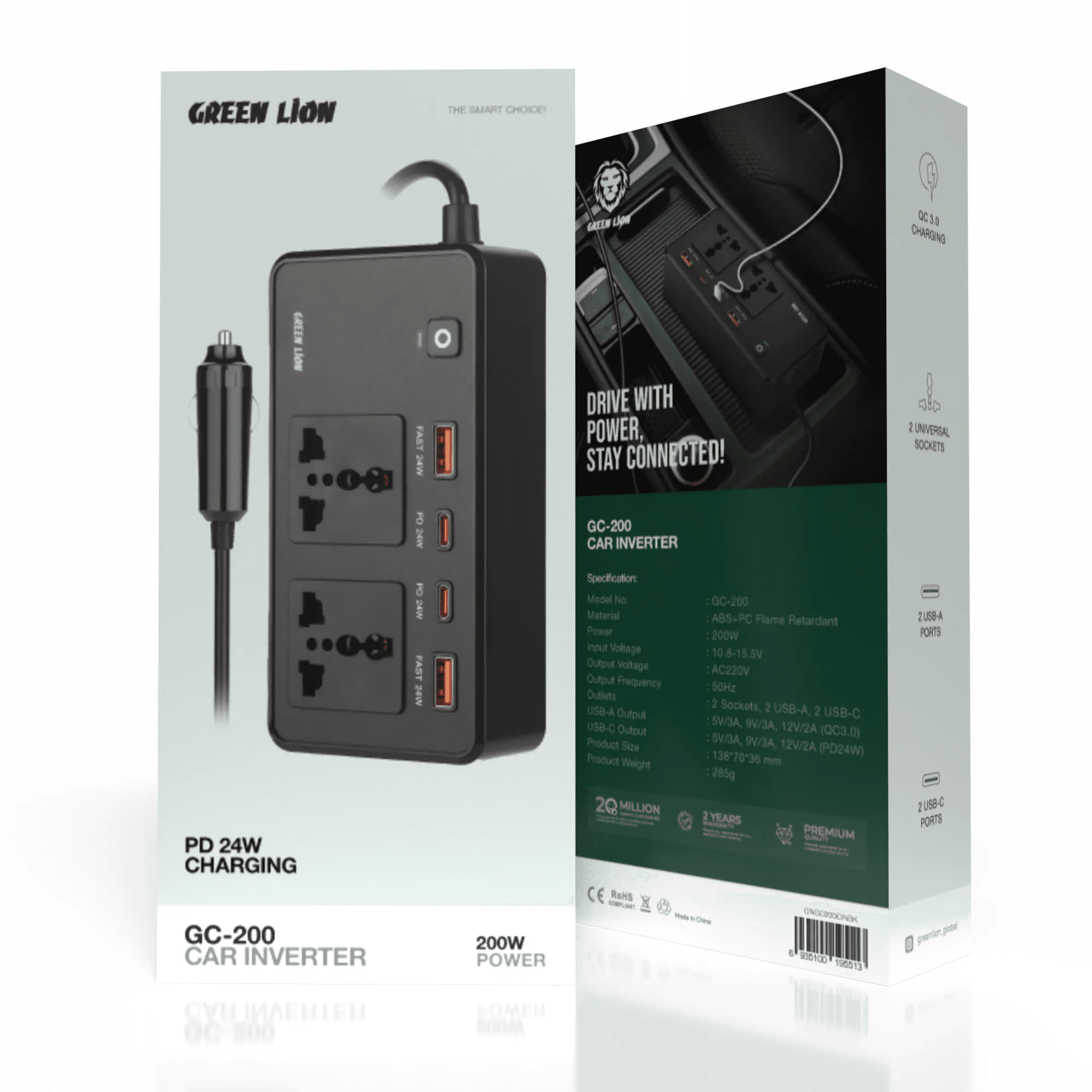 اینورتر فندکی خودرو گرین لاین مدل GC-200 توان 200 وات — تصویر ۲