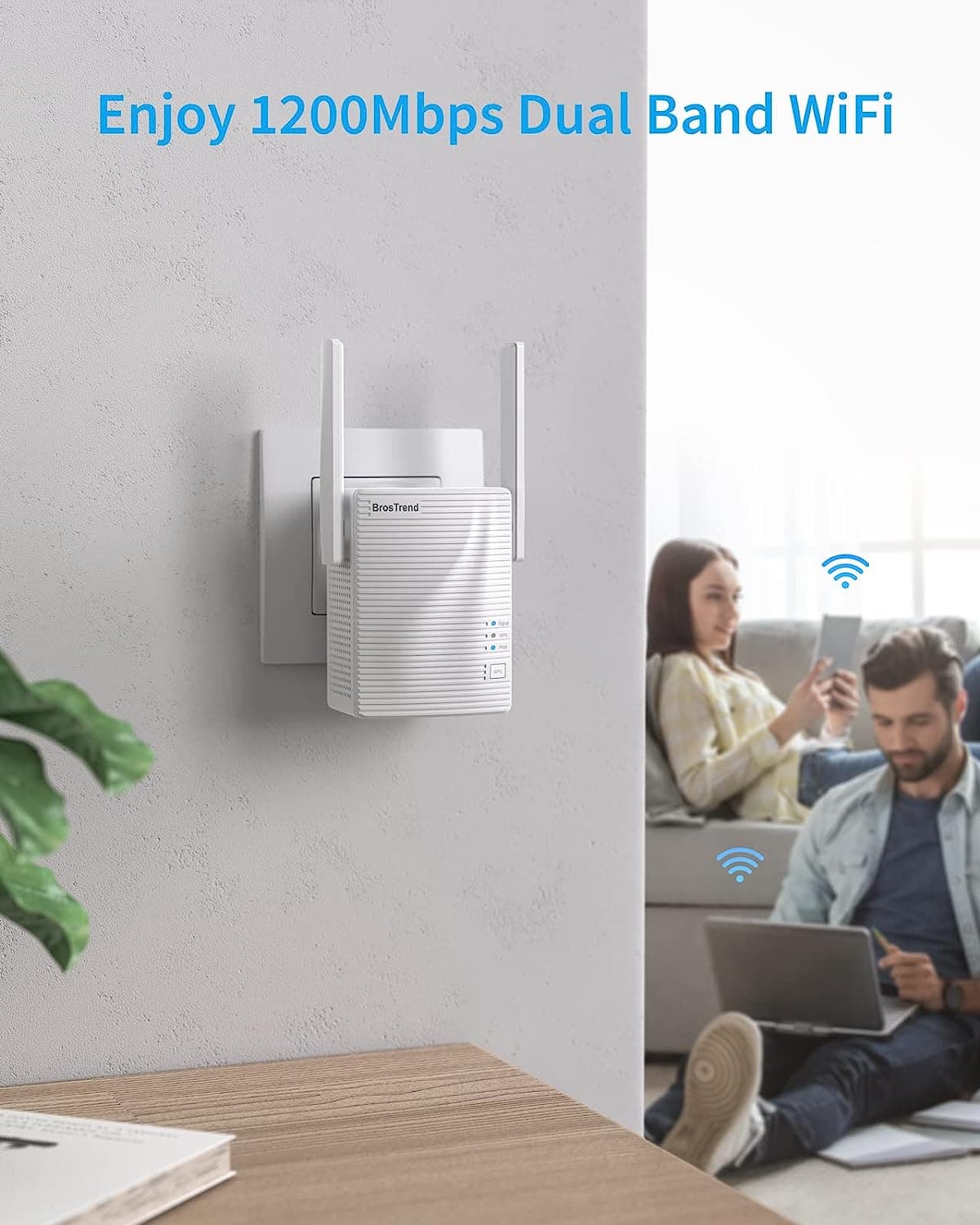 تقویت کننده وای فای BrosTrend، WiFi تقویت کننده دوگانه WLAN AC1200، WPS، پورت LAN — تصویر ۶