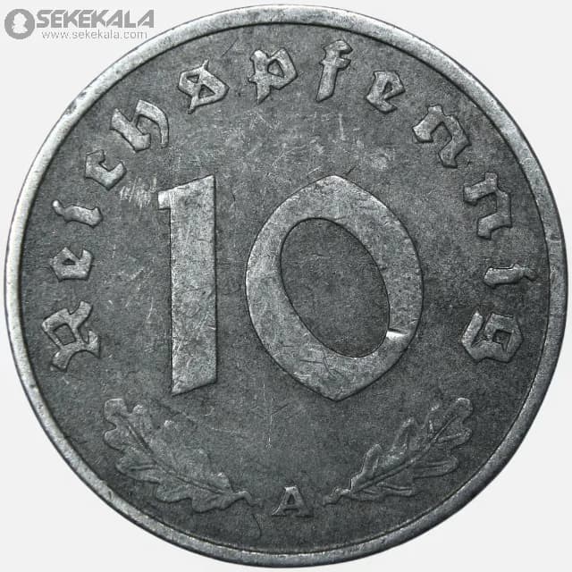 سکه 10 رایش فنیگ کمیاب آلمان نازی 1943 A — تصویر ۲
