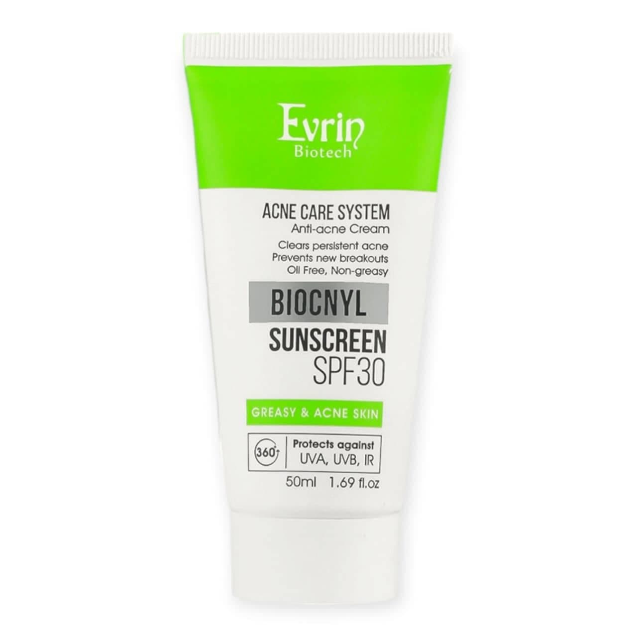 کرم ضد آفتاب ضدجوش اورین Evrin پوست چرب مدل BioCnyl با SPF30 حجم 50 میل