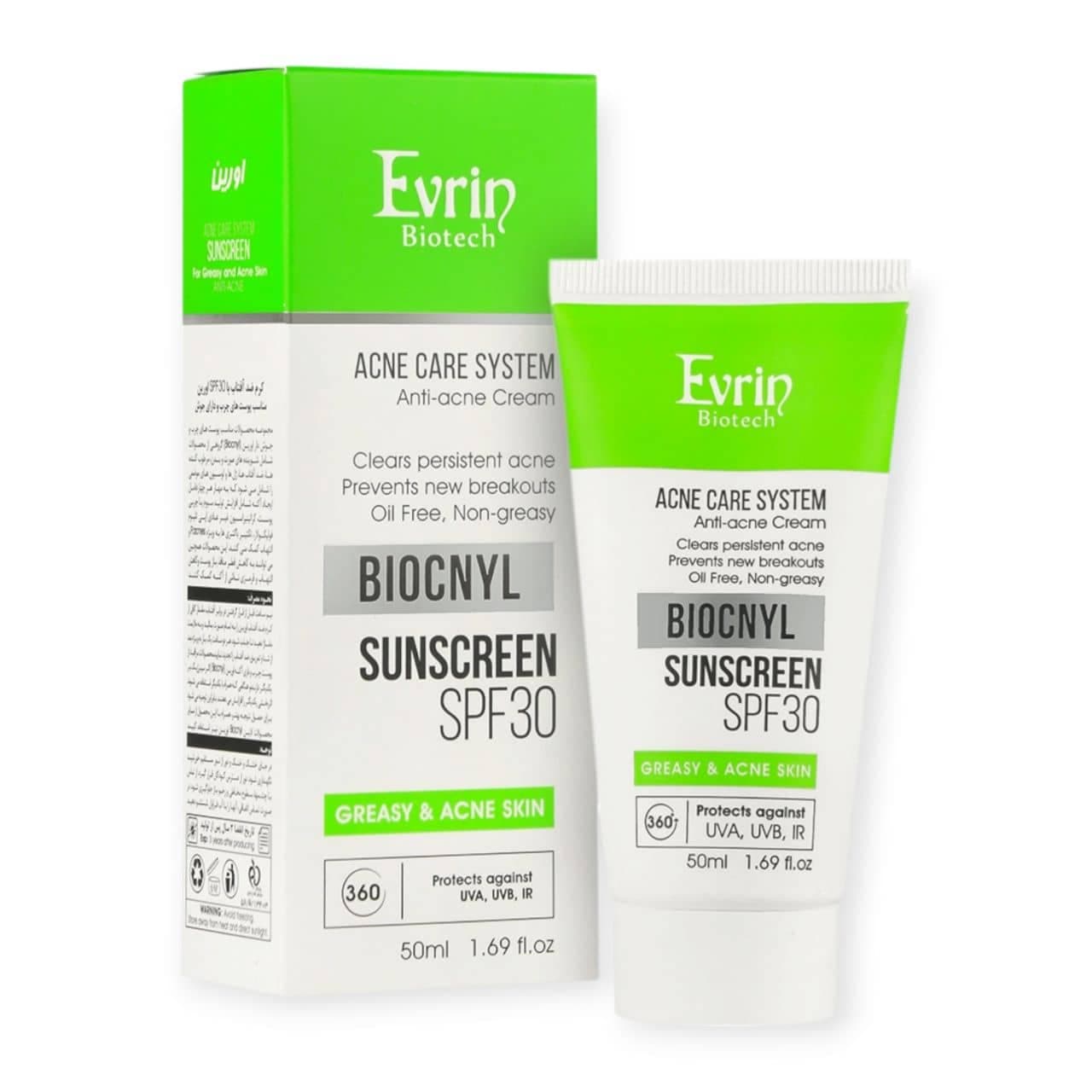 کرم ضد آفتاب ضدجوش اورین Evrin پوست چرب مدل BioCnyl با SPF30 حجم 50 میل — تصویر ۳