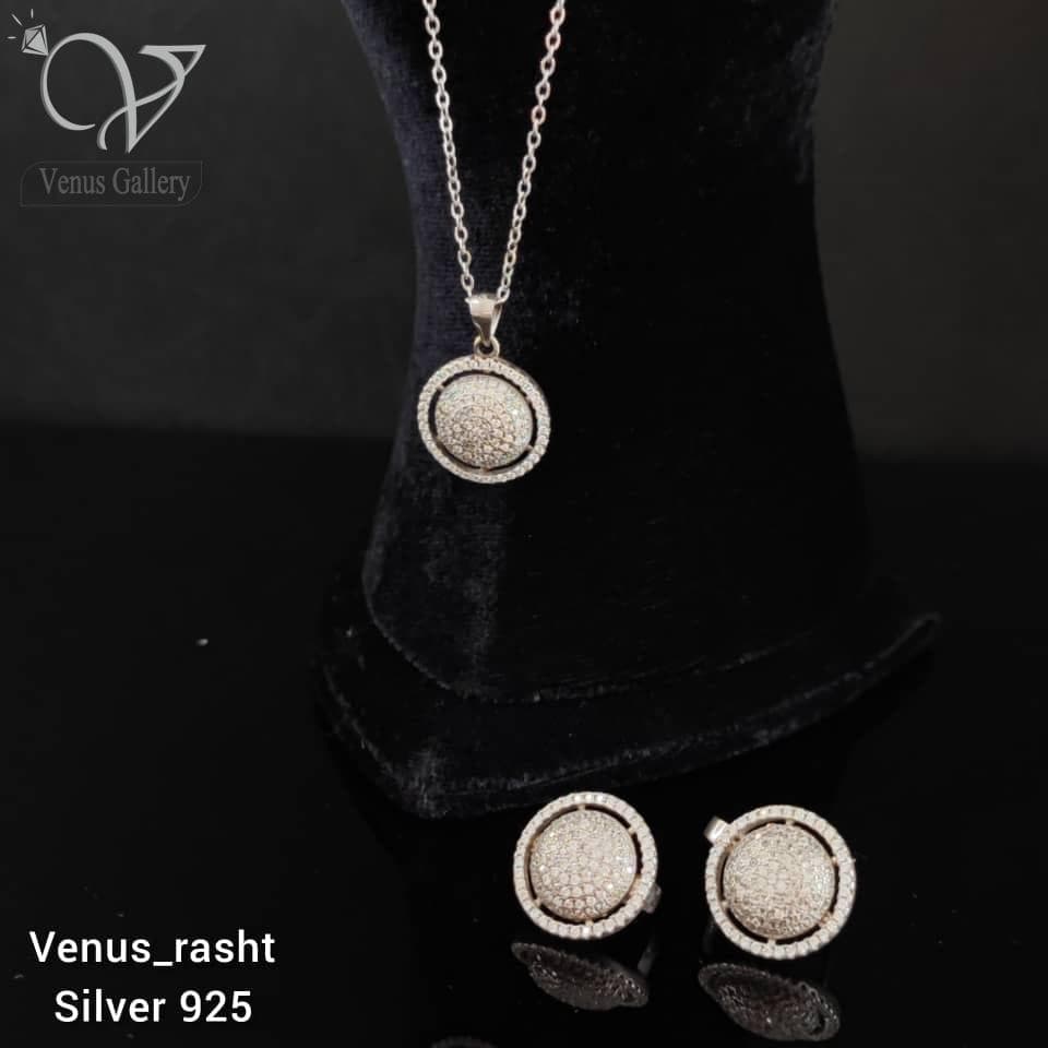 نیم ست نقره پر نگین دایره ای طرح طلاسفید کد652
