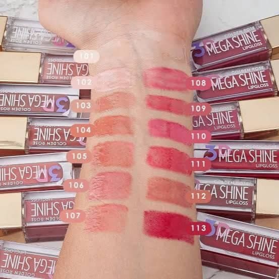 رژ لب مایع براق مگاشاین گلدن‌رز GOLDENROSE مدل 3D Mega Shine همه شماره ها — تصویر ۳