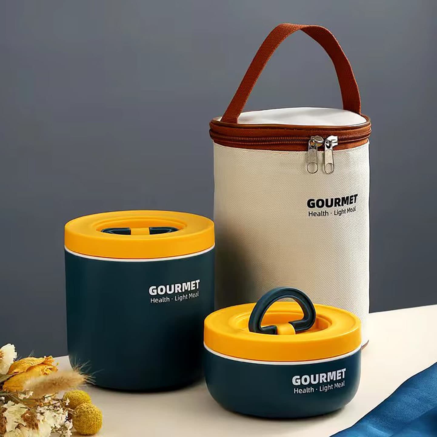 فلاسک لانچ باکس و ظرف غذا استوانه ای دو تکه داخل استیل قاشق چنگال کیف دار 700 + 220 میل – سرمه ای — تصویر ۲
