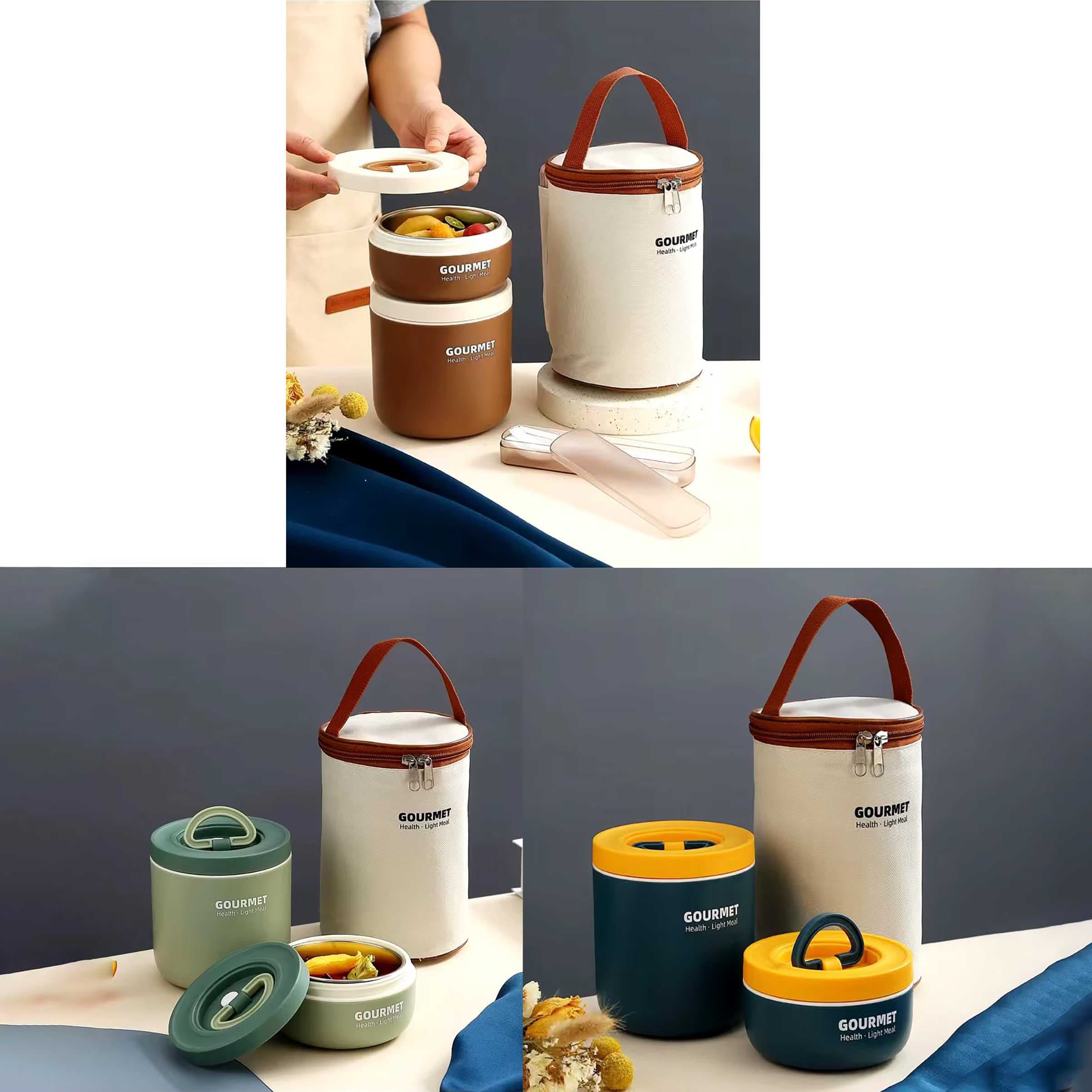 فلاسک لانچ باکس و ظرف غذا استوانه ای دو تکه داخل استیل قاشق چنگال کیف دار 700 + 220 میل – سرمه ای — تصویر ۳