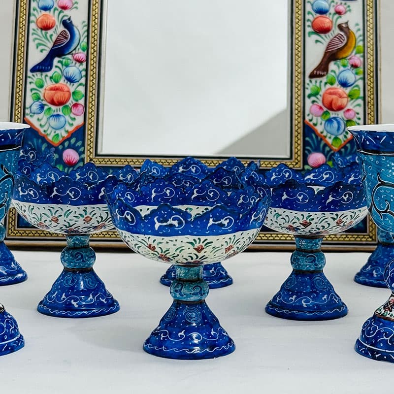 ست هفت سین میناکاری مسی مدل پایه دار آبی — تصویر ۶