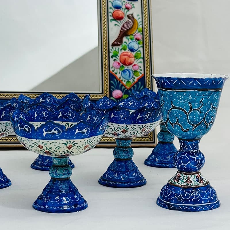 ست هفت سین میناکاری مسی مدل پایه دار آبی — تصویر ۵
