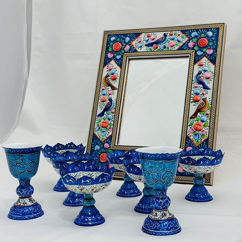 ست هفت سین میناکاری مسی مدل پایه دار آبی — تصویر ۷