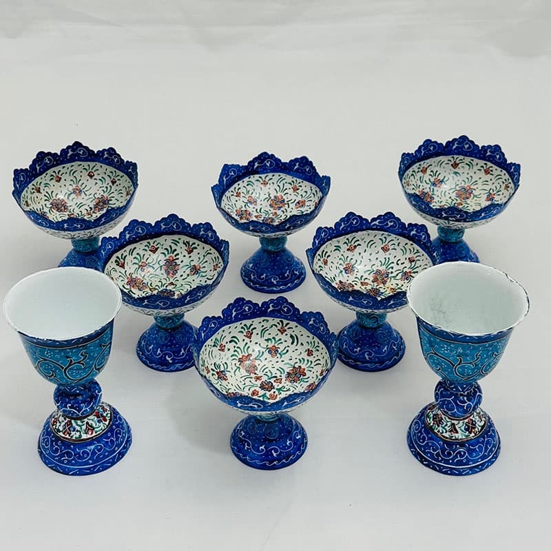 ست هفت سین میناکاری مسی مدل پایه دار آبی — تصویر ۳