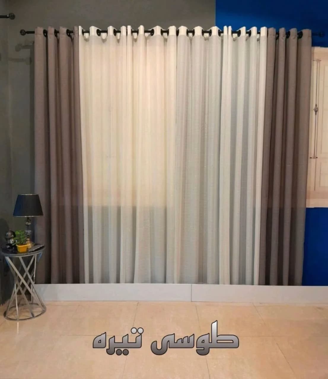 پرده آماده پانچی حریربافتدار سفید و طوسی تیره (عرض 3تا 3/5 متر)