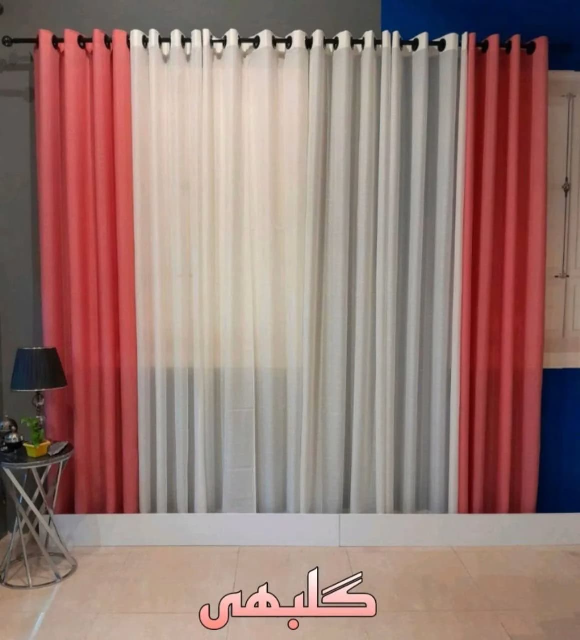 پرده آماده پانچی حریربافتدار سفید و گلبهی (عرض 3تا 3/5متر)