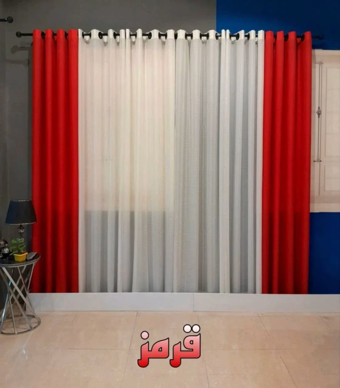 پرده آماده پانچی حریربافتدار سفید و قرمز (عرض 3تا 3/5متر)