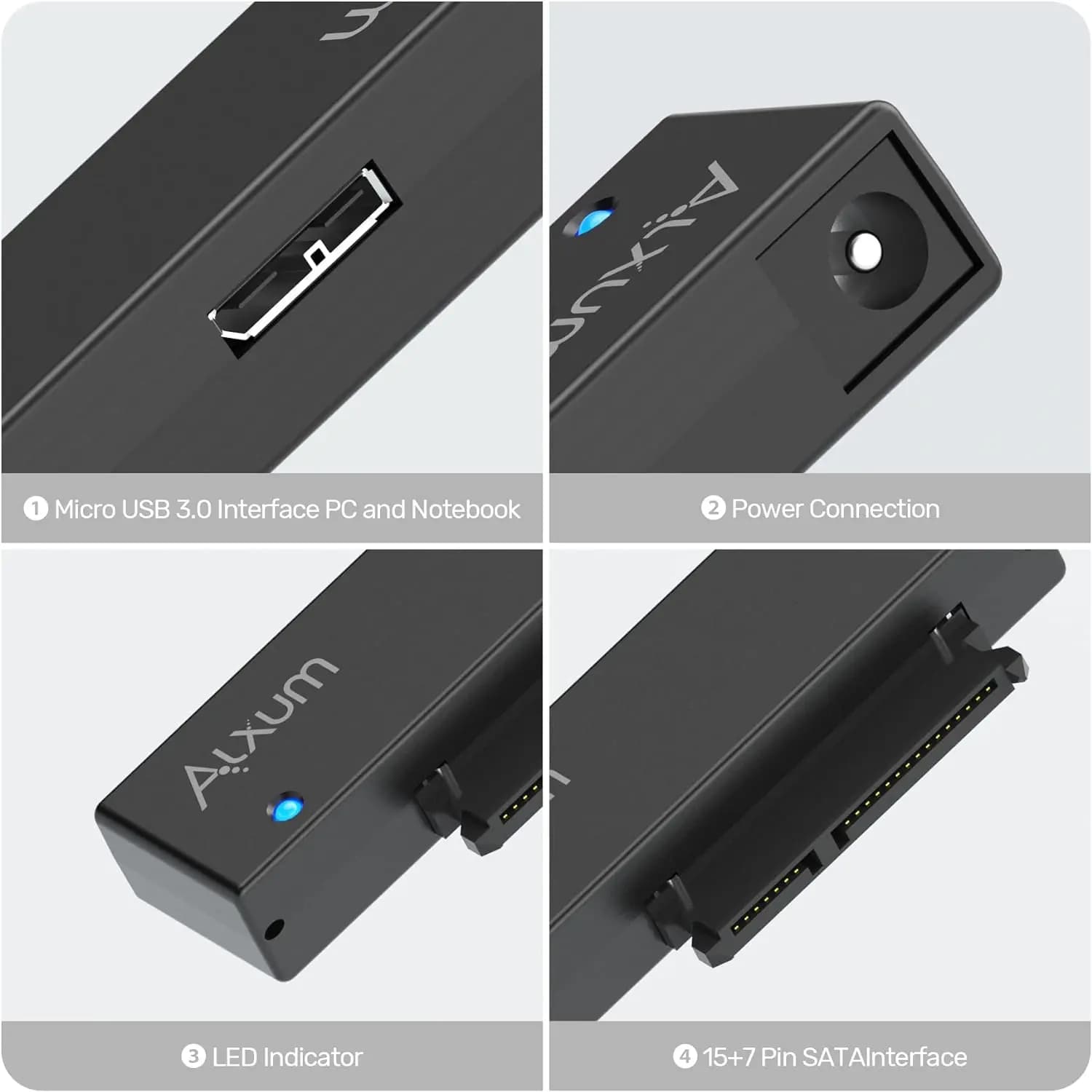 مبدل Alxum USB 3.0 به SATA برای هارد SSD 2.5 و 3.5 اینچی، با آداپتور برق 12 ولت 2 آمپر و کابل USB 3.0 — تصویر ۷