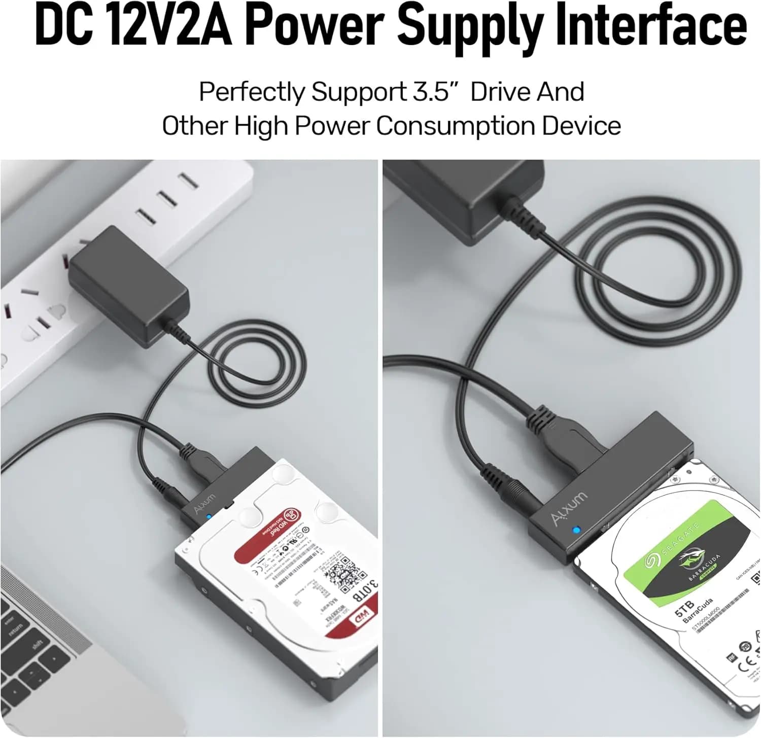 مبدل Alxum USB 3.0 به SATA برای هارد SSD 2.5 و 3.5 اینچی، با آداپتور برق 12 ولت 2 آمپر و کابل USB 3.0 — تصویر ۴