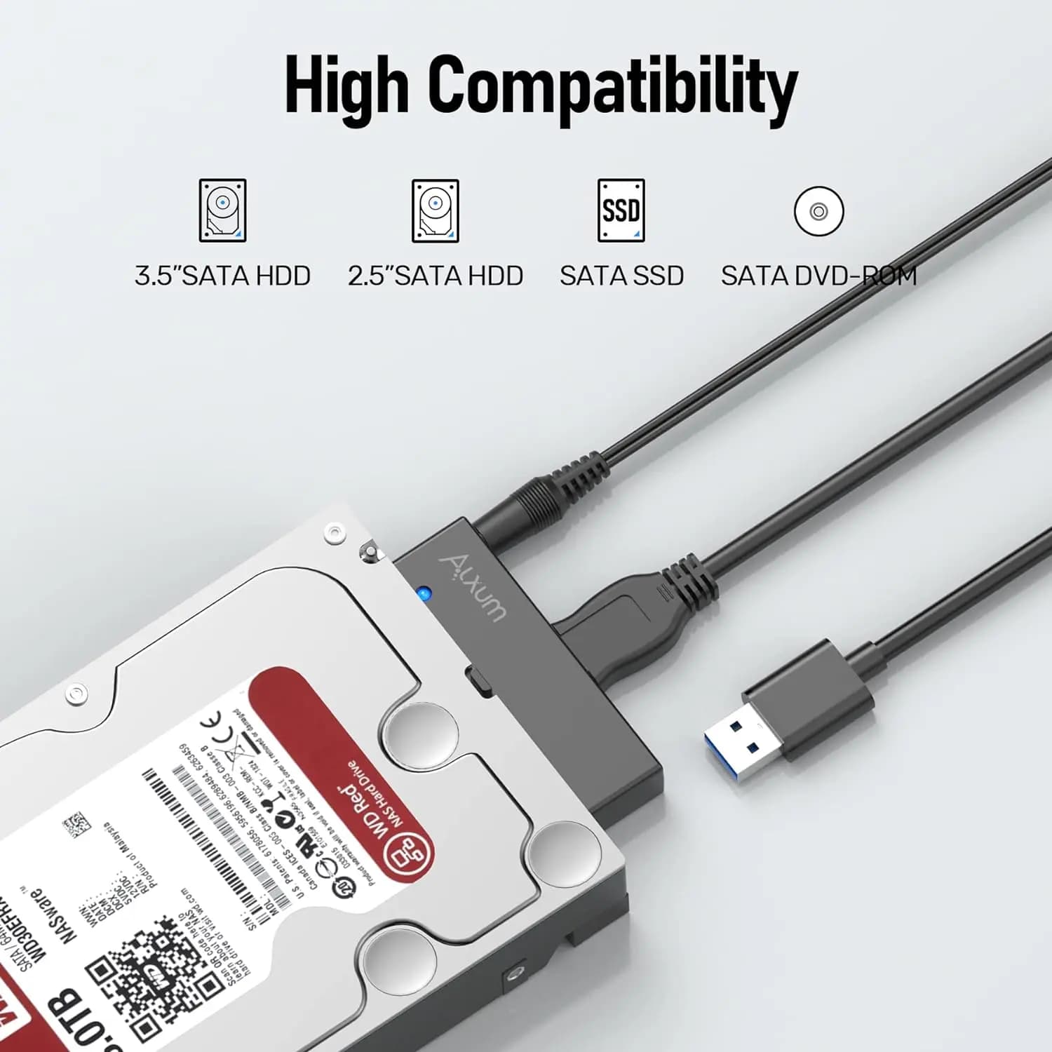 مبدل Alxum USB 3.0 به SATA برای هارد SSD 2.5 و 3.5 اینچی، با آداپتور برق 12 ولت 2 آمپر و کابل USB 3.0 — تصویر ۵
