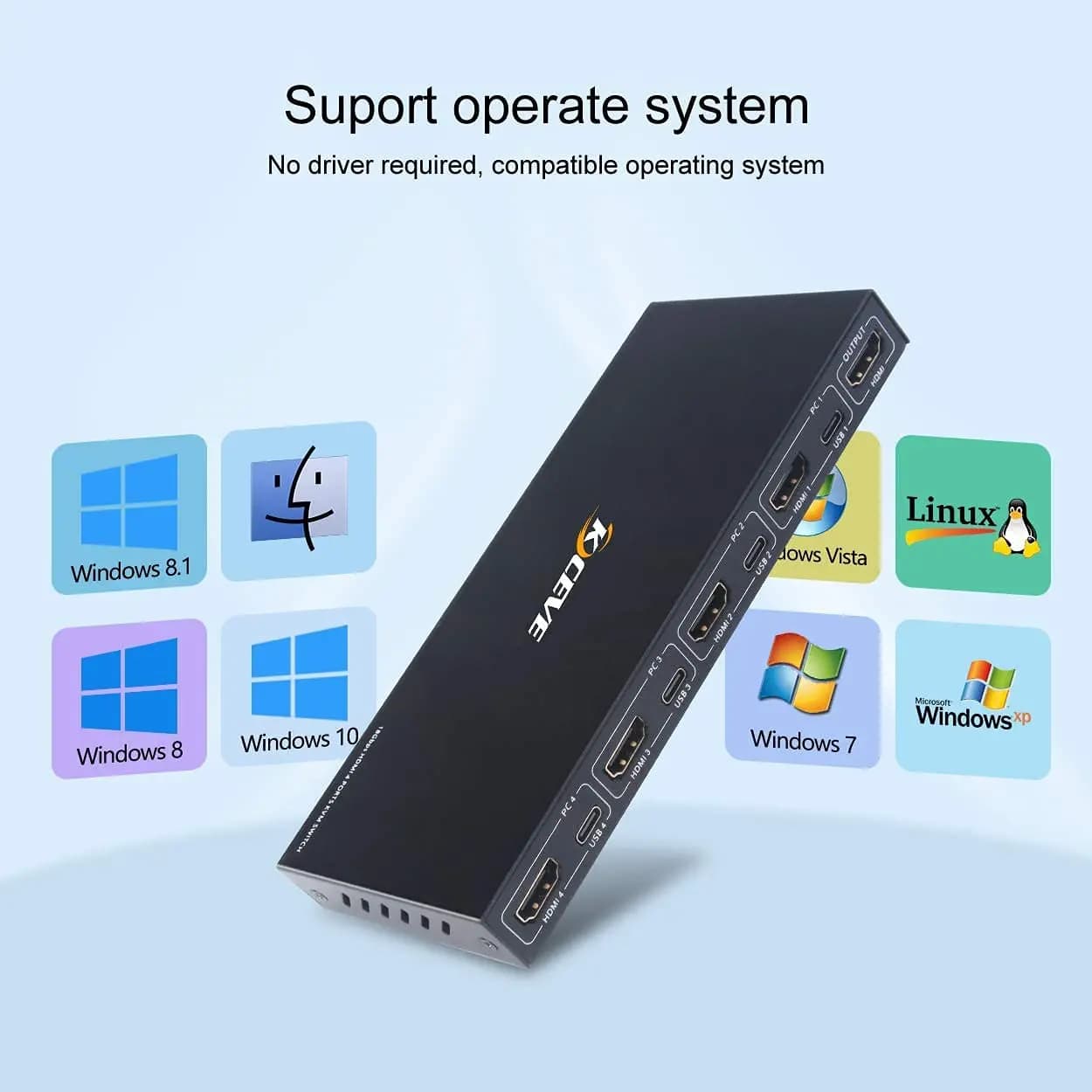 سوئیچ با کیفیت 4 پورت، KCEVE | HD MI KVM Switcher Box پشتیبانی از 4K@60Hz، سازگاری کلیه سیستم ها — تصویر ۲