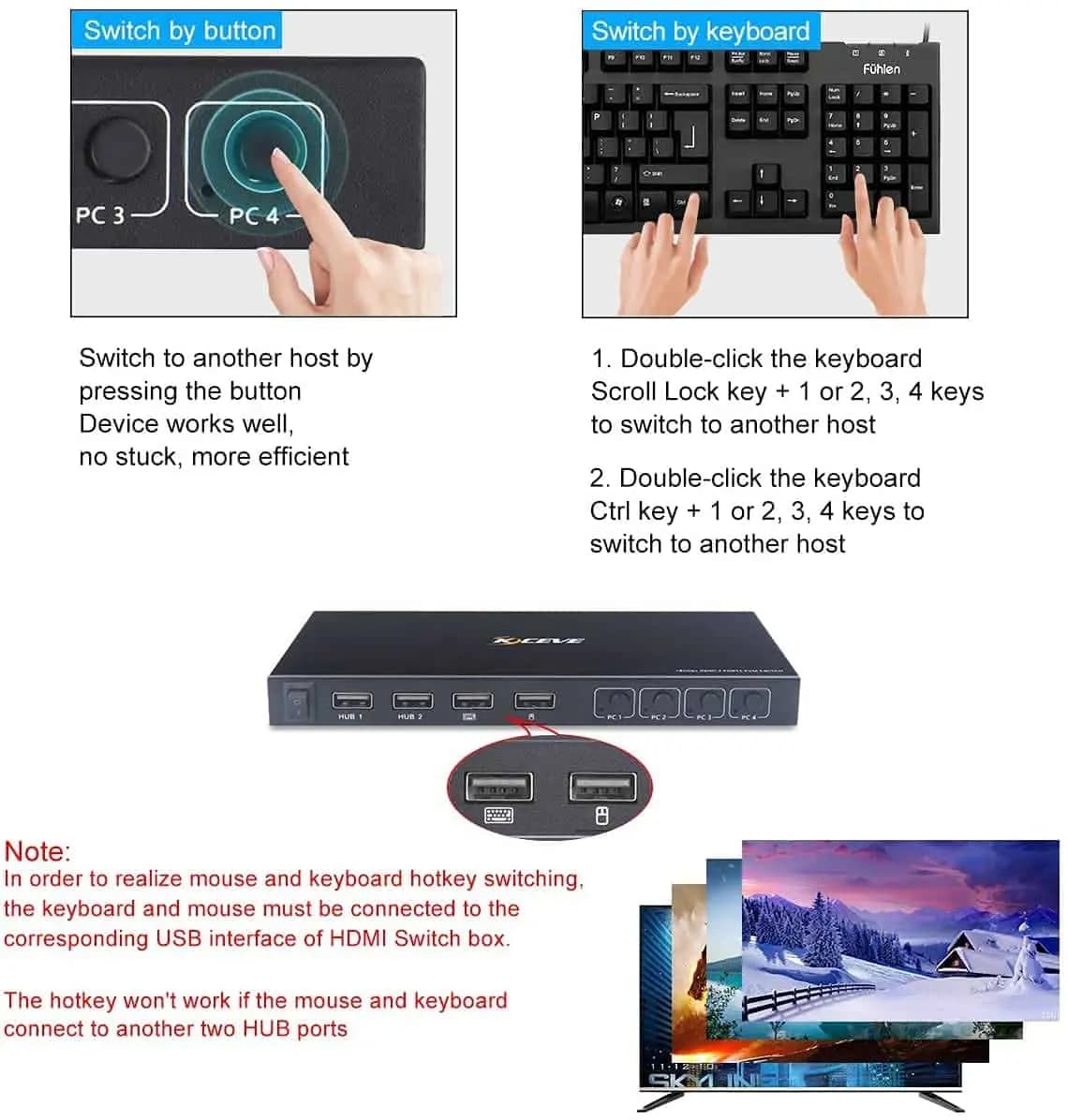 سوئیچ با کیفیت 4 پورت، KCEVE | HD MI KVM Switcher Box پشتیبانی از 4K@60Hz، سازگاری کلیه سیستم ها — تصویر ۴