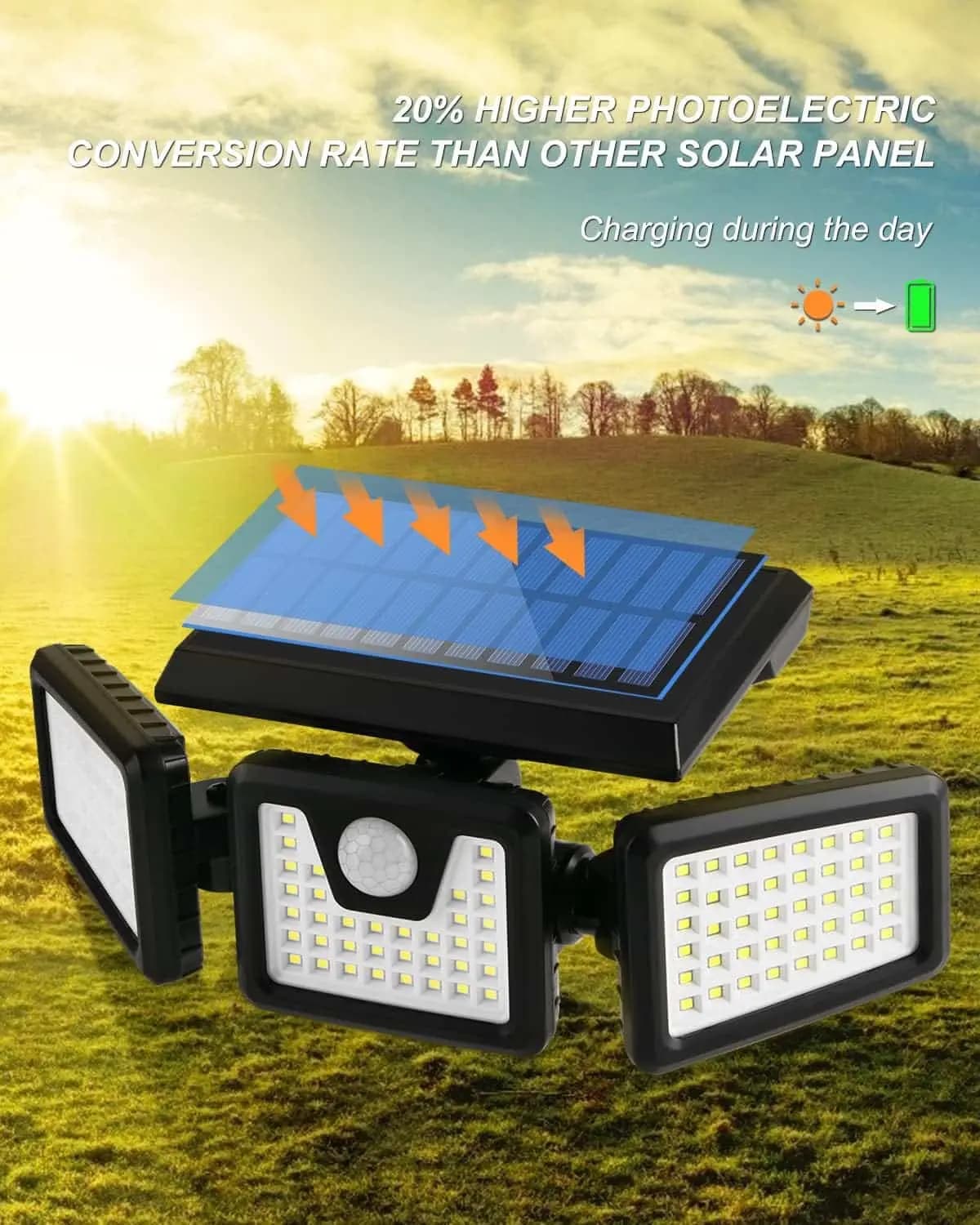 چراغ های خورشیدی FLOWood ، با سنسور حرکت، ضد آب | 118 چراغ LED | قابل تنظیم 360 درجه — تصویر ۷