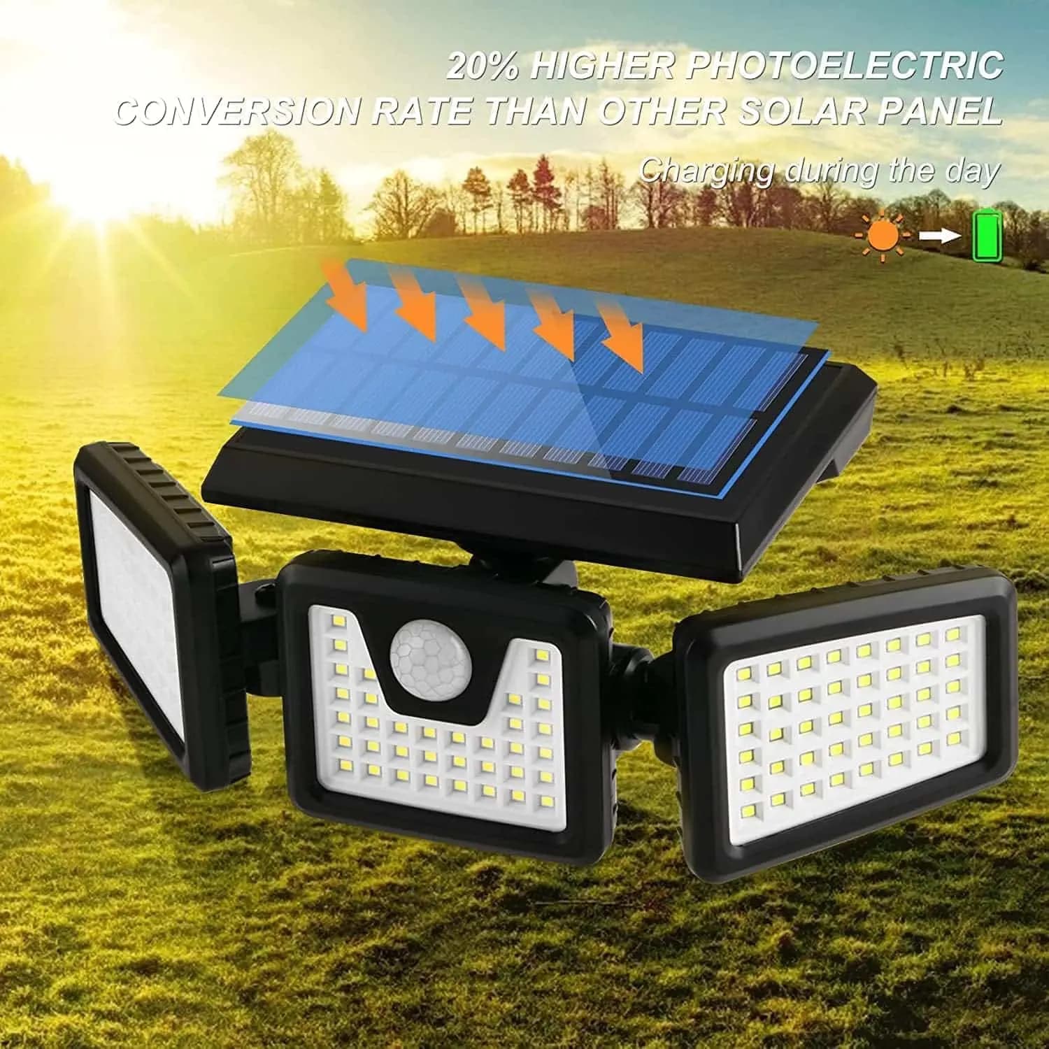 چراغ های خورشیدی FLOWood ، با سنسور حرکت، ضد آب | 118 چراغ LED | قابل تنظیم 360 درجه — تصویر ۳