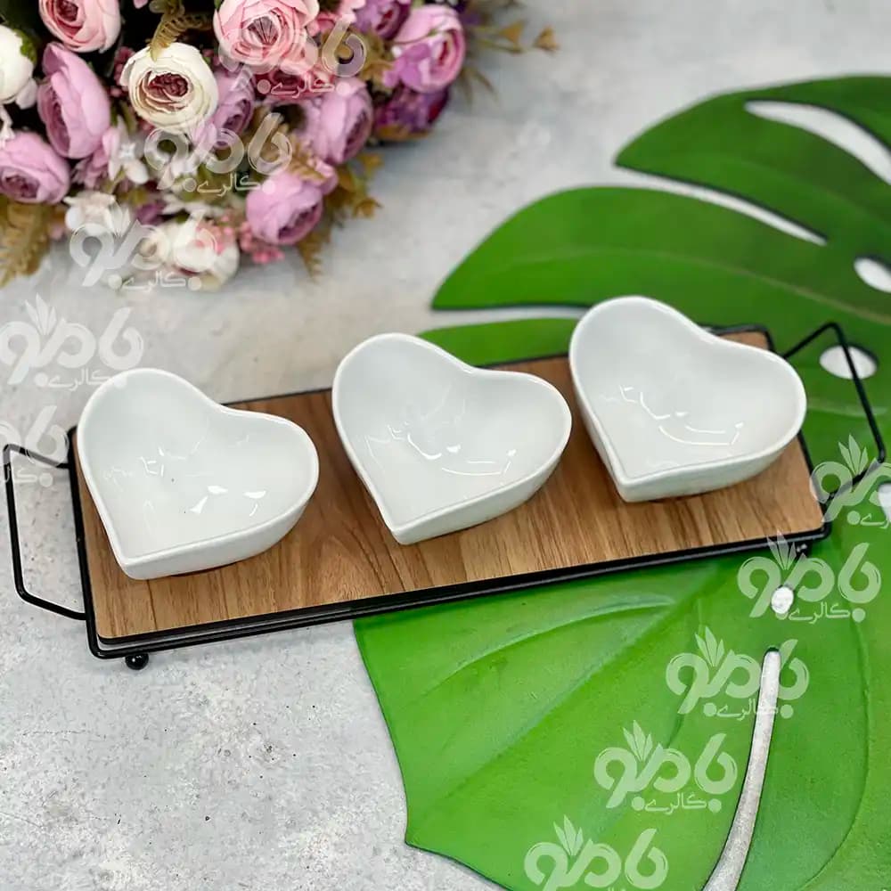 اردوخوری زیره چوب و فلزی 3 پیاله قلب