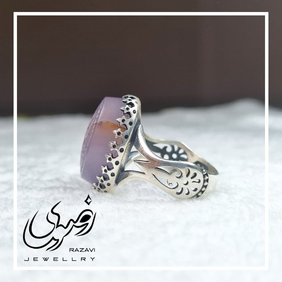 انگشتر نقره مردانه عقیق کبود یمنی اصل طرح یا العزه الله — تصویر ۳