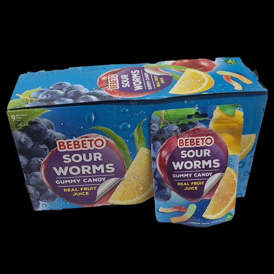 پاستیل ساندیسی ببتو ترش مدل کرمی (Sour warms) 60 گرمی بسته 9 عددی