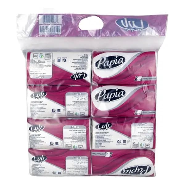 دستمال کاغذی پاپیا مدل اقتصادی 250 برگ دولایه بسته 8 عددی