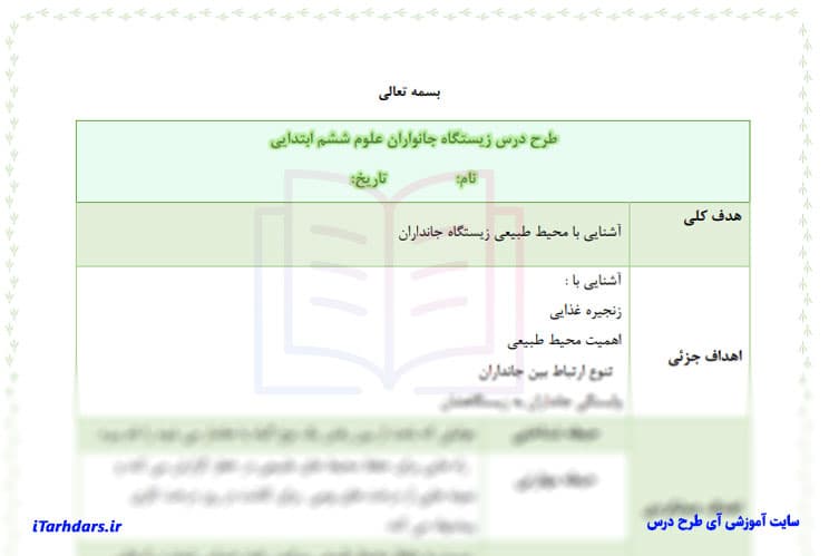 طرح درس روزانه علوم پایه ششم ابتدایی زیستگاه جانوران — تصویر ۲