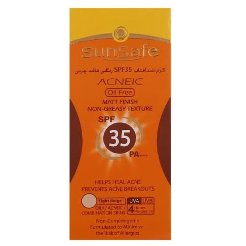 کرم ضد آفتاب رنگی سان سیف مدل SPF35 بژ روشن محافظ UVA ،UVB و +++PA، ضد جوش و آکنه، ضد پیری، ضد آب، مرطوب‌کننده، مناسب پوست‌های چرب و مختلط حجم 50 میلی‌لیتر — تصویر ۲